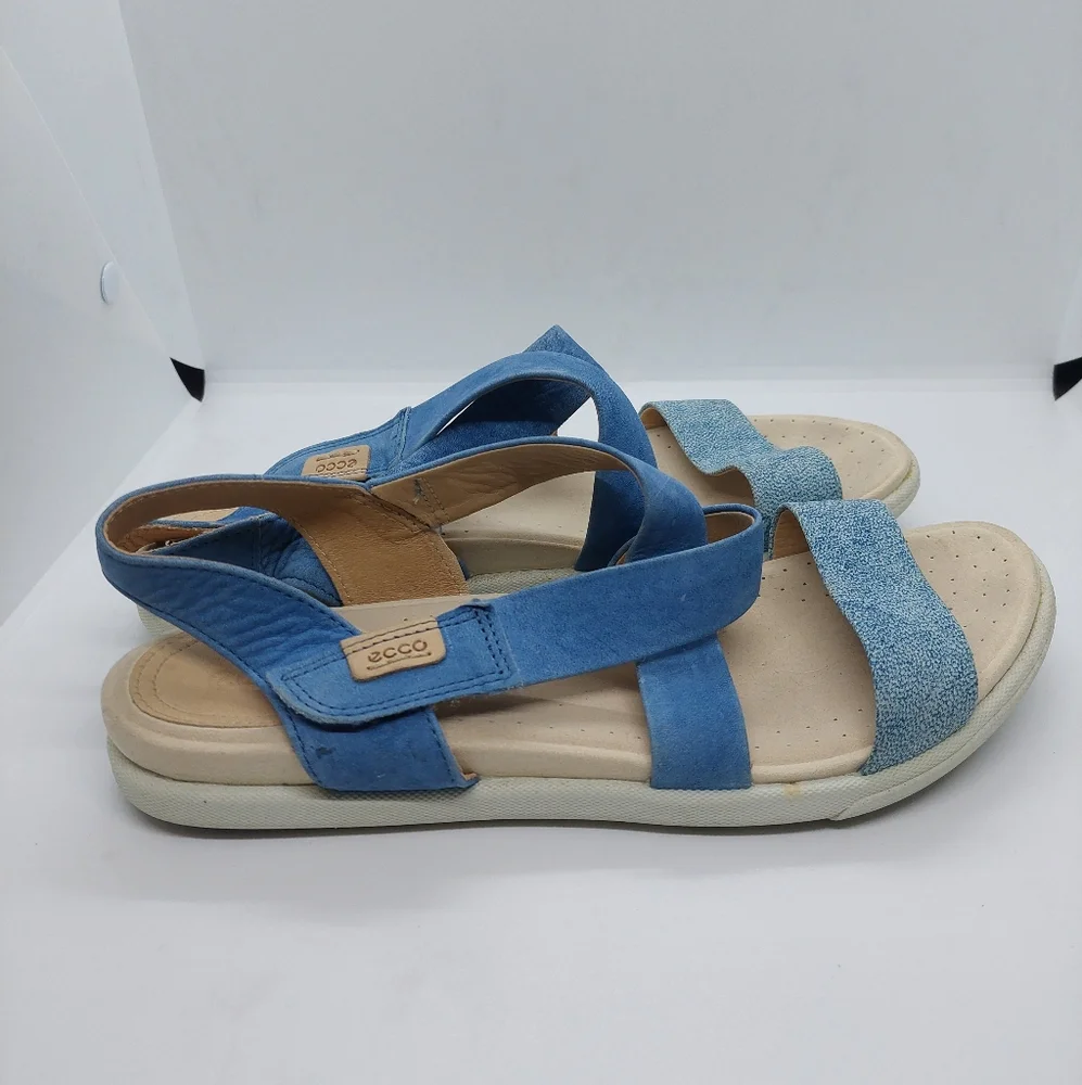 ECCO Damara Blue Criss-Cross Suede Leather Strappy Flat Sandals Shoes Women's 9